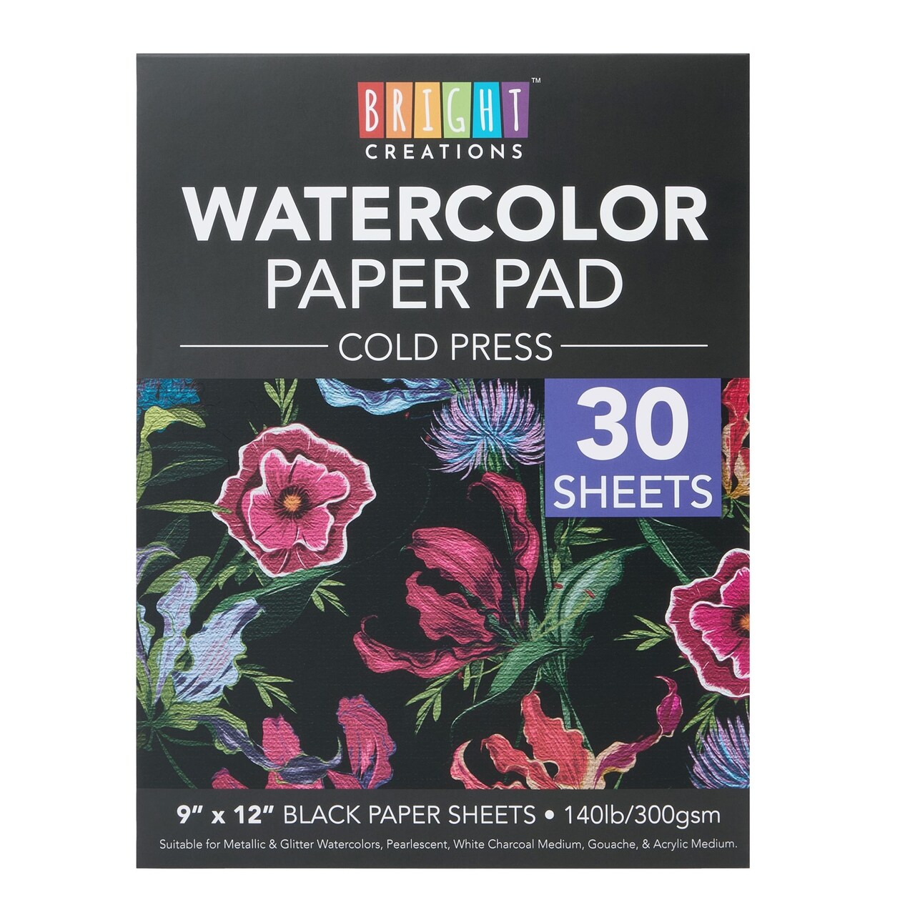 Bright Creations 30 Sheets 140lb Cold Press Black Watercolor Paper, Drawing Pad for Arts & Crafts, Mixed Media Paper, Black Sketch Pad for Watercolor, Acrylic, Gouache, and Metallic Colors, 9 x 12 In